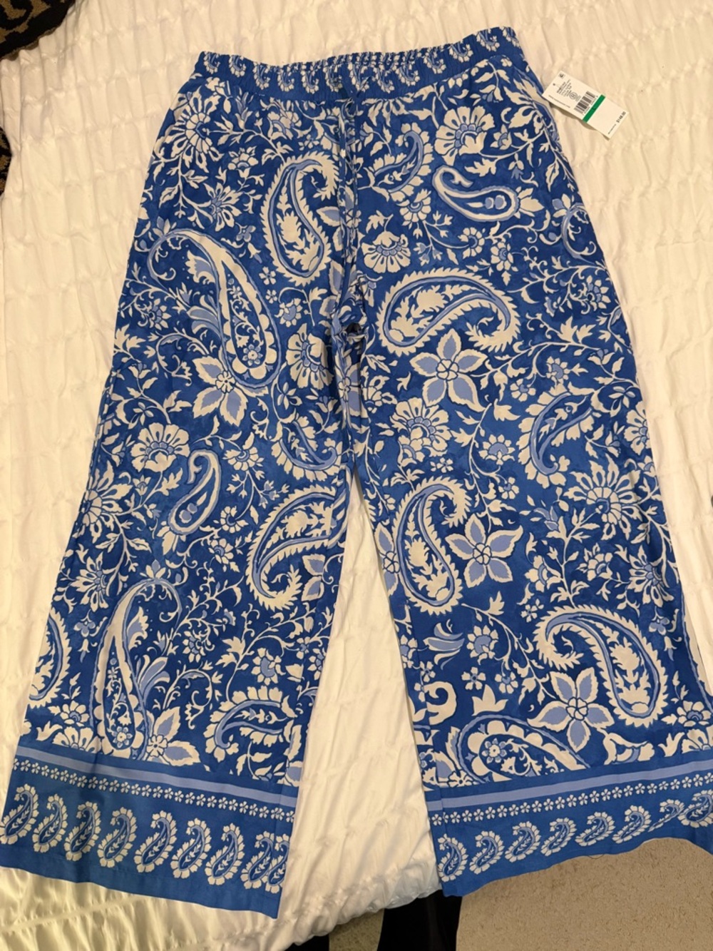 Karen Kane Blue and White Paisley Drawstring Pants